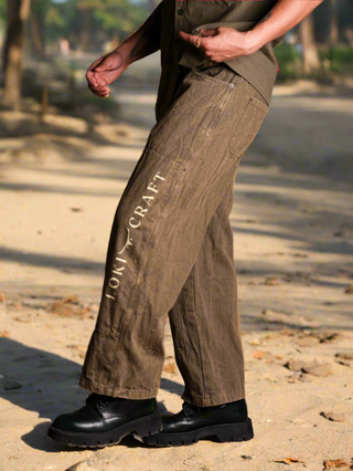 Wearing loose vintage-style Chopper Pants with LOKY CRAFT on the side, paired with black boots, a person stands outdoors on a sandy path lined with trees.
