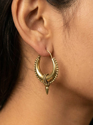 Tribal Crescent Dagger Hoop — Antique Brass Earring