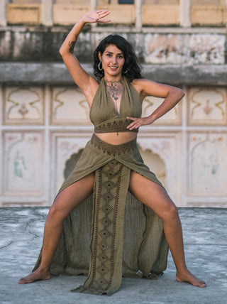 olive green cotton boho skirt for women